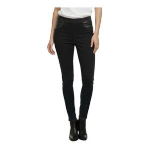 DKNY JEANS Black Ponte Knit Leggings Pull On sz M Back Pockets Leather Accents